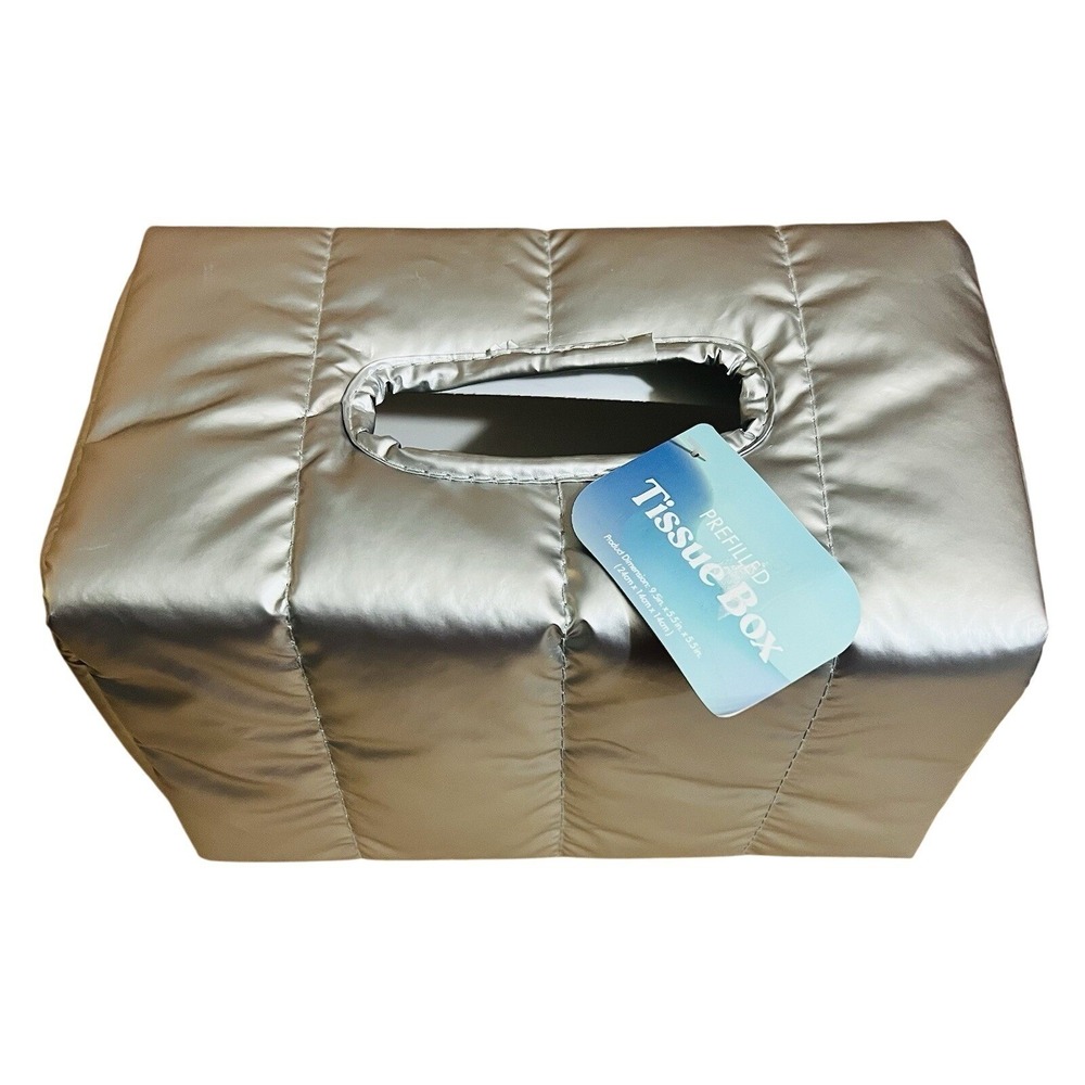 NEW W/ Tag TWO Shiny Silver Puffer Quilted Full Size Tissue Box Holders